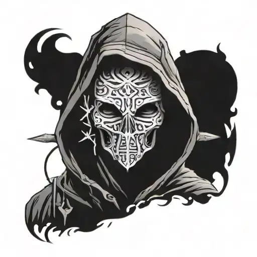 A dark and mysterious tattoo design of a hooded assassin surrounded by death symbols, in a blackwork style tattoo design idea
