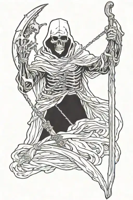 A depiction of death could look very intriguing if a reaper stood with a scythe next to a severed head, and death had th tattoo design idea