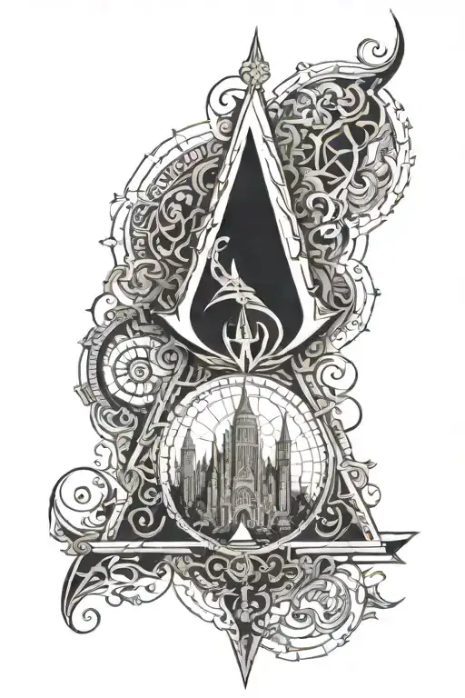 An intricate design combining elements of Assassin's Creed  tattoo design idea