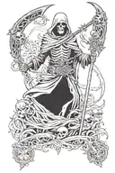 A depiction of death could look very intriguing if a reaper stood with a scythe next to a severed head, and death had th tattoo design idea