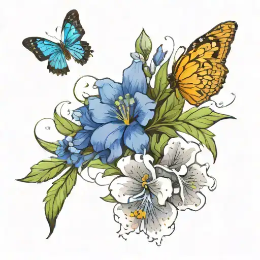 larkspur flower intertwined with a marigold with a white morpho butterfly  tattoo design idea