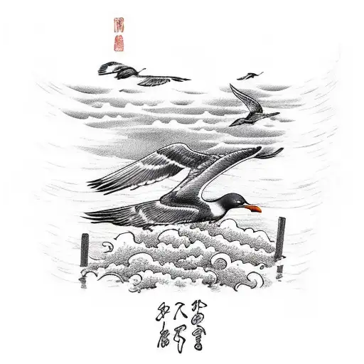 An intricate sketch of a serene beach scene with seagulls soaring above, capturing the tranquility of peaceful places tattoo design idea