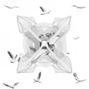 An intricate sketch of a serene beach scene with seagulls soaring above, capturing the tranquility of peaceful places tattoo design idea