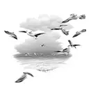 An intricate sketch of a serene beach scene with seagulls soaring above, capturing the tranquility of peaceful places tattoo design idea