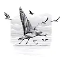 An intricate sketch of a serene beach scene with seagulls soaring above, capturing the tranquility of peaceful places tattoo design idea