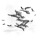 An intricate sketch of a serene beach scene with seagulls soaring above, capturing the tranquility of peaceful places tattoo design idea