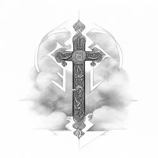 old english R and cross tattoo design idea