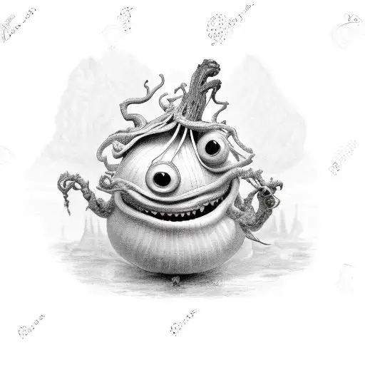 highly detailed 4k onion man like creature selling me goods  tattoo design idea