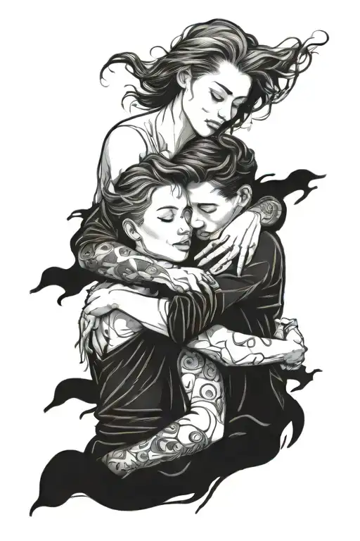blackwork tattoo of a couple hugging tattoo design idea