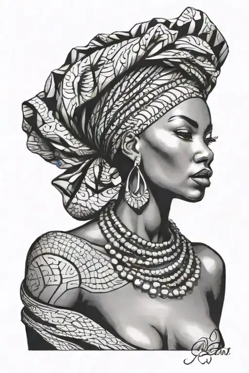 African woman with head wrap with siren evil beautiful tattoo design idea