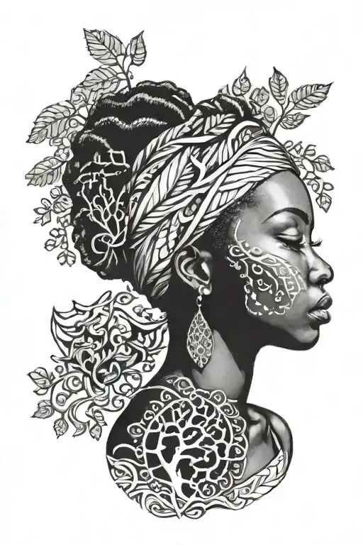 African woman with head wrap with line on the side tree of life  tattoo design idea
