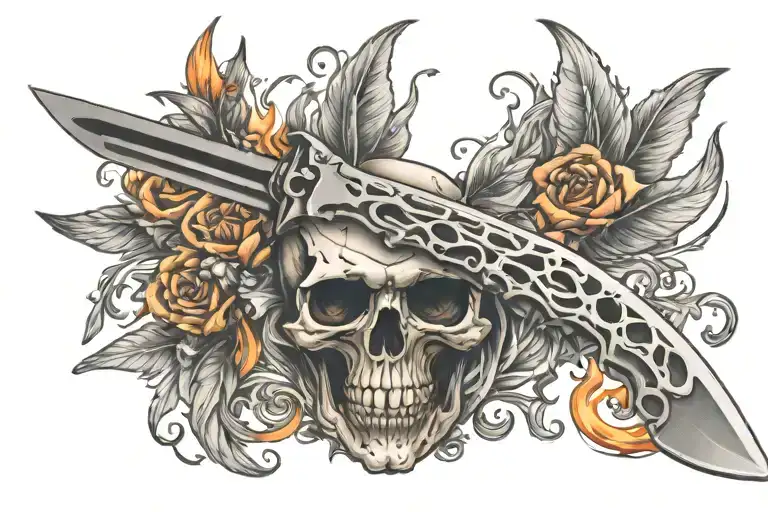 butterfly knife with flaming skull tattoo design idea