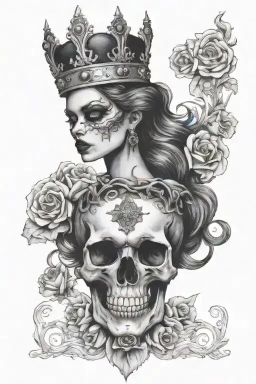 beautiful horror woman holding skull wearing a crown tattoo design idea