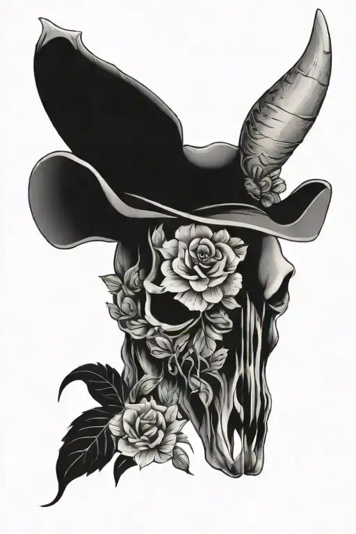 fine line floral and western bull skull  tattoo design idea