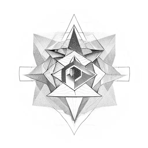 A geometric mountain landscape with a hidden compass rose, symbolizing the balance between order and chaos tattoo design idea