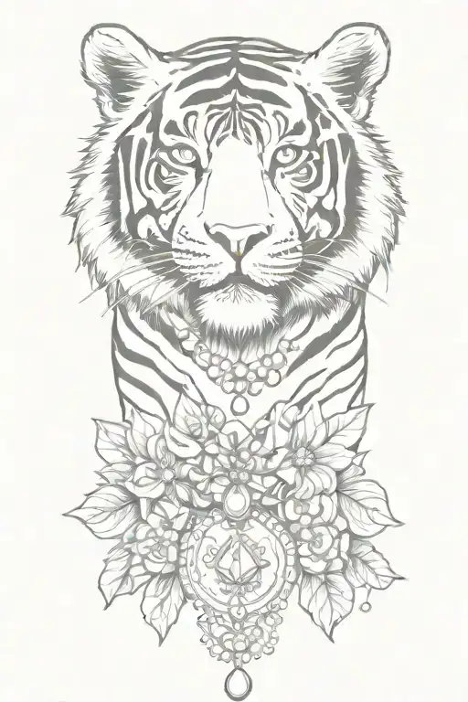 A sketch style tattoo of a tiger surrounded by jewelry pieces tattoo design idea