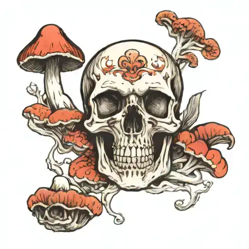 skull, meditating, magic mushroom tattoo design idea