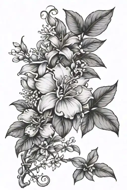 jasmine branch with flowers and other elements incorporated tattoo design idea