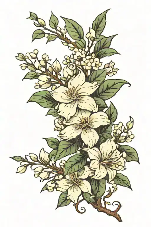 jasmine branch with flowers and other elements incorporated tattoo design idea