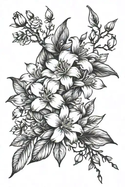 jasmine branch with flowers and other elements incorporated tattoo design idea