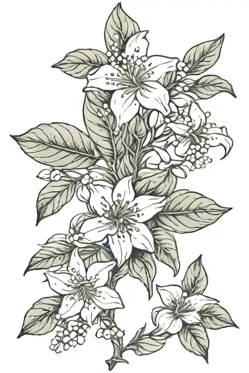 jasmine branch with flowers and other elements incorporated tattoo design idea