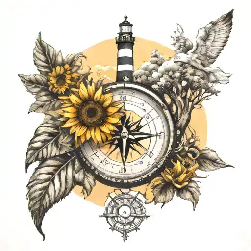 Compass, Sunflower, Tree of Life, Lighthouse, clouds  tattoo design idea