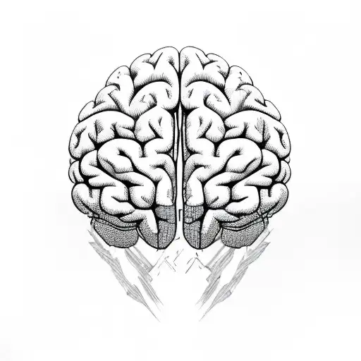 A sketch of a brain with mountain ranges and alien spaceships flowing through it tattoo design idea