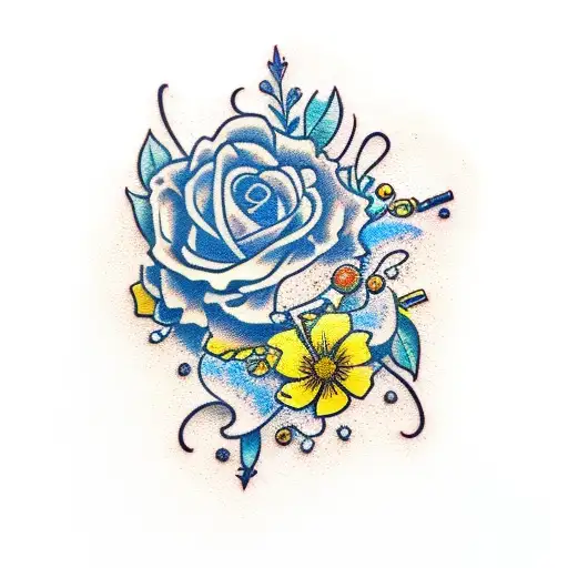 words with blue and yellow flowers tattoo design idea