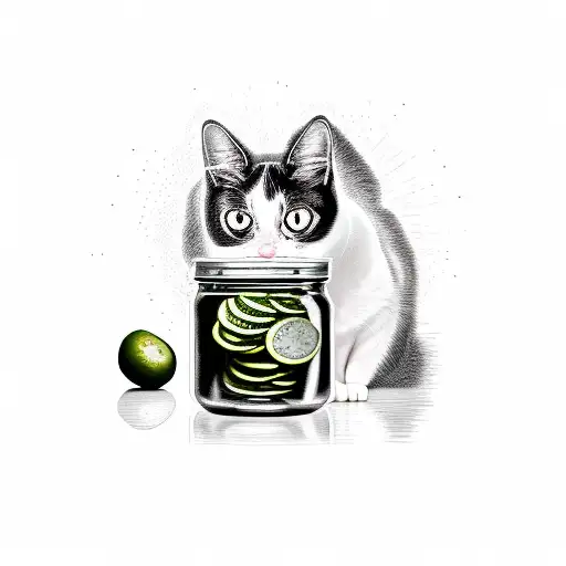 black and white cat with big eyes next to a jar of pickles tattoo design idea
