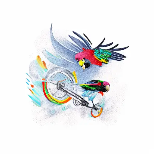 A fierce battle between a parrot and a raven on a bicycle tattoo design idea