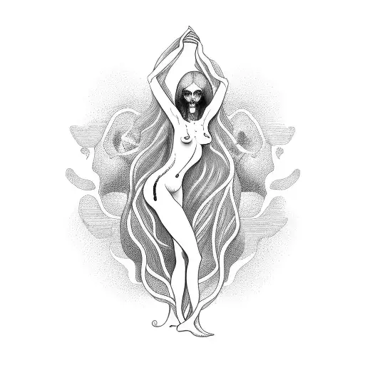 nude woman, long flowing hair to cover her privates, arms spread with human heart in one hand, human skull in the other tattoo design idea