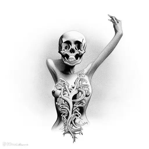 nude woman, long flowing hair to cover her privates, arms spread with human heart in one hand, human skull in the other tattoo design idea