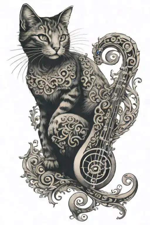 A dotwork tattoo of a cat perched on a treble clef, blending the client's passion for music and feline friends tattoo design idea