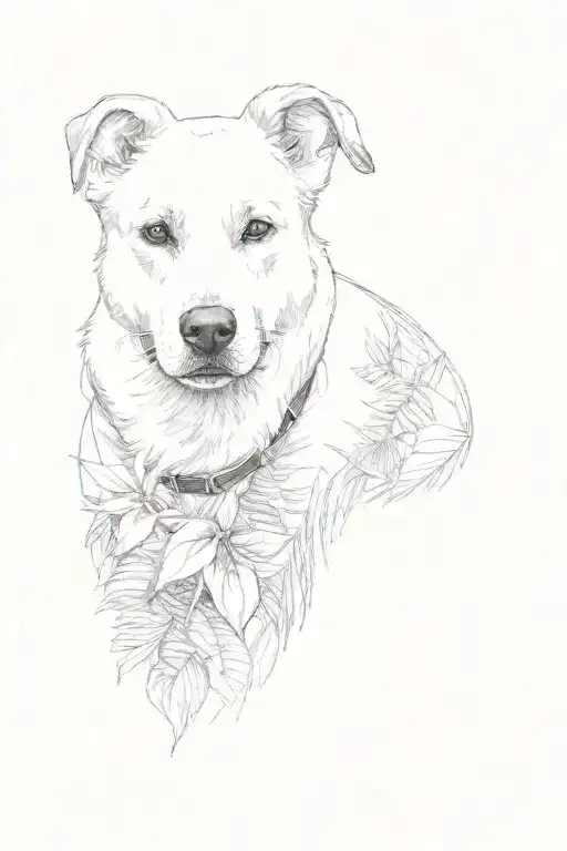 a dog in an oval frame surrounded by tropical plant leaves with the dogs ears outside of & on top of the frame's boarder tattoo design idea