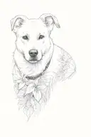 a dog in an oval frame surrounded by tropical plant leaves with the dogs ears outside of & on top of the frame's boarder tattoo design idea