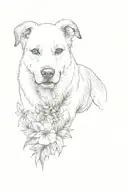 a dog in an oval frame surrounded by tropical plant leaves with the dogs ears outside of & on top of the frame's boarder tattoo design idea