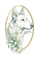 a dog in an oval frame surrounded by tropical plant leaves with the dogs ears outside of & on top of the frame's boarder tattoo design idea