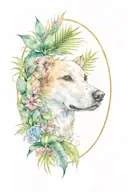 a dog in an oval frame surrounded by tropical plant leaves with the dogs ears outside of & on top of the frame's boarder tattoo design idea