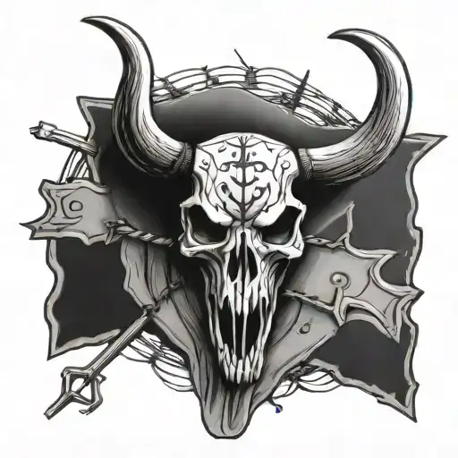 bull skull with a cowboy inside with a cross surrounded by barbed wire  tattoo design idea
