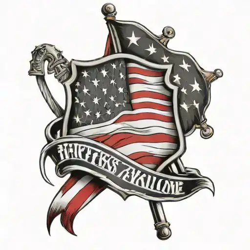 American flag with a thin red line representing firefighters, intertwined with a banner that reads ' no one fights alone tattoo design idea