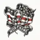 American flag with a thin red line representing firefighters, intertwined with a banner that reads ' no one fights alone tattoo design idea