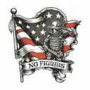 American flag with a thin red line representing firefighters, intertwined with a banner that reads ' no one fights alone tattoo design idea