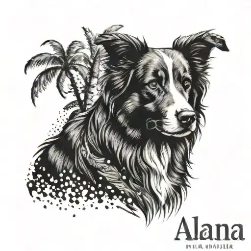 palm tree australian shepherd Alana name written tattoo design idea
