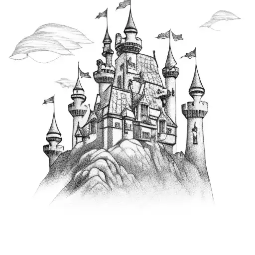 A fairytale castle surrounded by a beach and ocean waves tattoo design idea