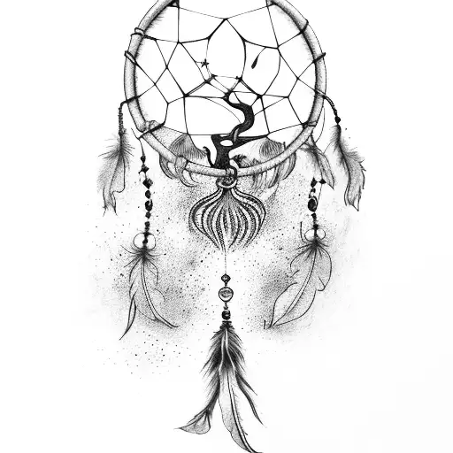 A mystical witchcraft scene with a lifetree and dreamcatcher tattoo design idea