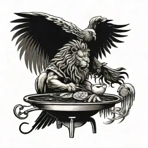 A lion and eagle combined into a mythical creature cooking on a grill tattoo design idea