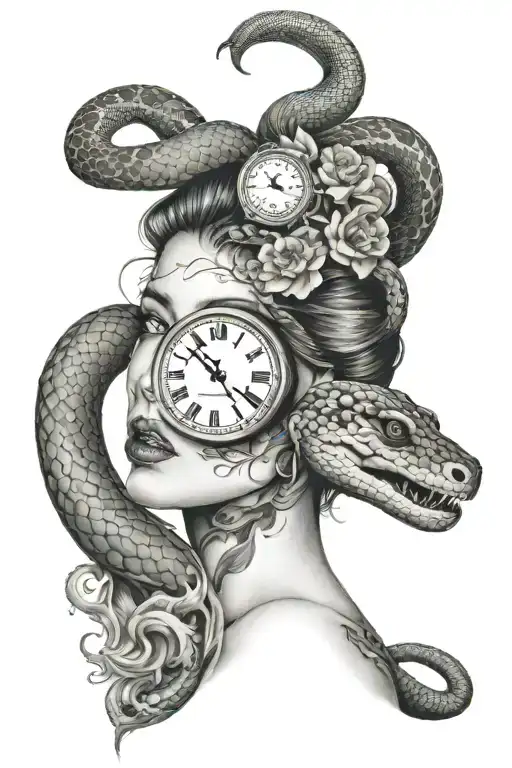 face of a woman with a snake and a clock symbolizing time tattoo design idea