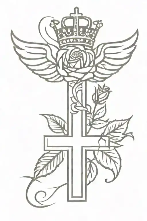 Christian cross with the crown of Christ with wings and a rose tattoo design idea