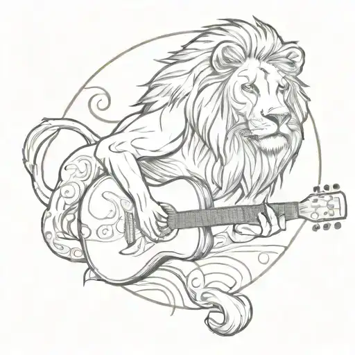 A sketch style tattoo of a lion playing a guitar, symbolizing your passion for music and love for animals tattoo design idea