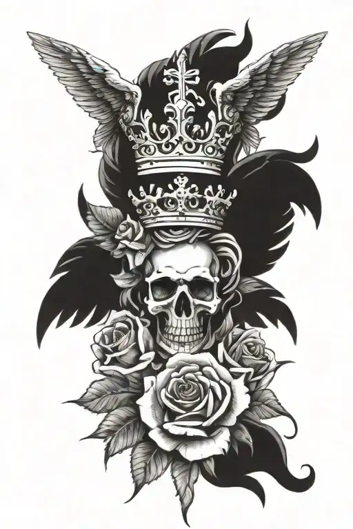 Christian cross with the crown of Christ with wings and a rose tattoo design idea